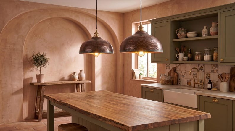 Handmade Brass Moroccan Dome Pendant Light – Aged Copper Hammered Brass Kitchen Island Hanging Lamp with Verdigris Patina Accent, Rustic Farmhouse Ceiling Fixture