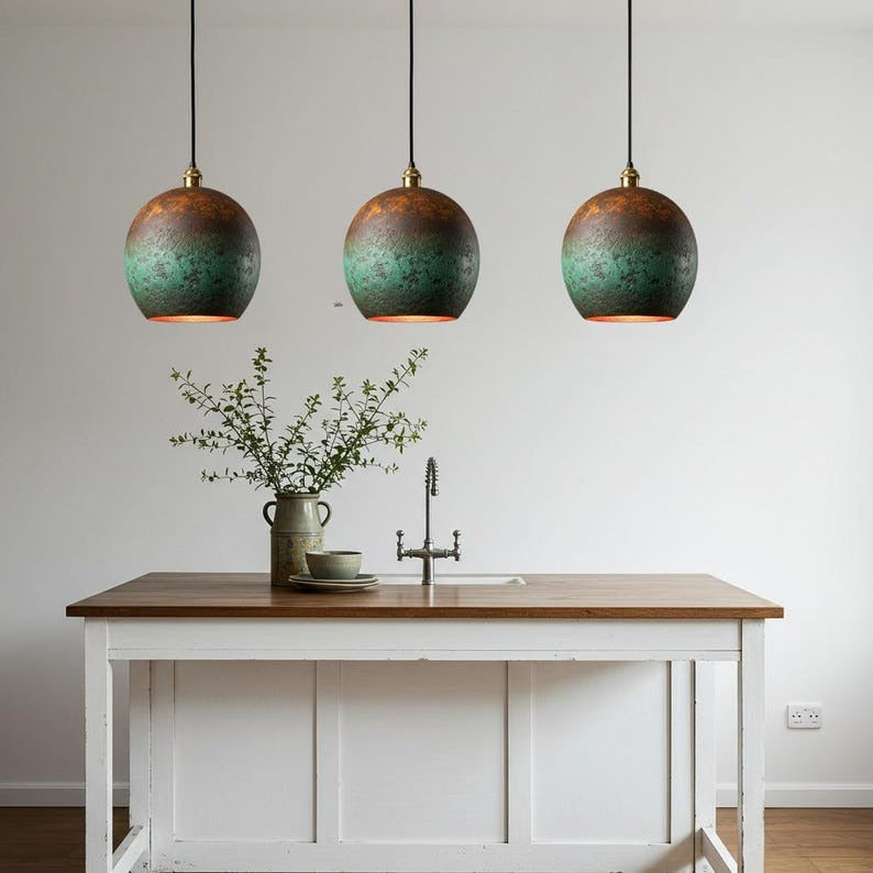 Handmade Moroccan Brass Pendant Light – Green Verdigris Globe Ceiling Lamp with Aged Copper Patina and Warm Interior Glow