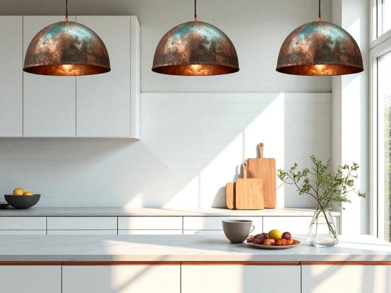 Handmade Moroccan Brass Pendant Light – Aged Copper & Green Patina Hammered Dome Ceiling Lamp, Large Kitchen Island & Dining Room Lighting