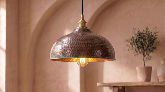 Handmade Brass Moroccan Dome Pendant Light – Aged Copper Hammered Brass Kitchen Island Hanging Lamp with Verdigris Patina Accent, Rustic Farmhouse Ceiling Fixture