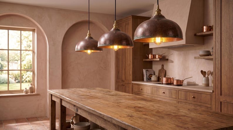 Handmade Brass Moroccan Dome Pendant Light – Aged Copper Hammered Brass Kitchen Island Hanging Lamp with Verdigris Patina Accent, Rustic Farmhouse Ceiling Fixture