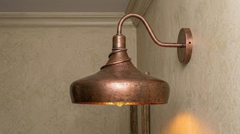 Handmade Brass Wall Sconce – Aged Copper Brass Dome Wall Light, Moroccan Rustic Farmhouse Wall Lamp with Curved Arm Fixture