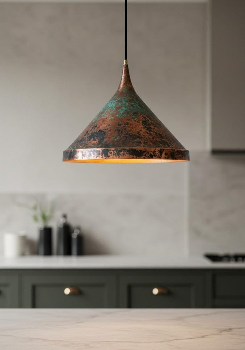 Verdigris Brass Cone Pendant Light – Aged Copper Kitchen Island Chandelier with Rustic Patina Finish