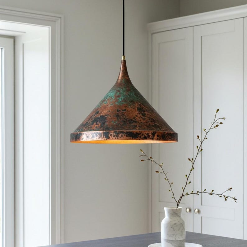 Verdigris Brass Cone Pendant Light – Aged Copper Kitchen Island Chandelier with Rustic Patina Finish