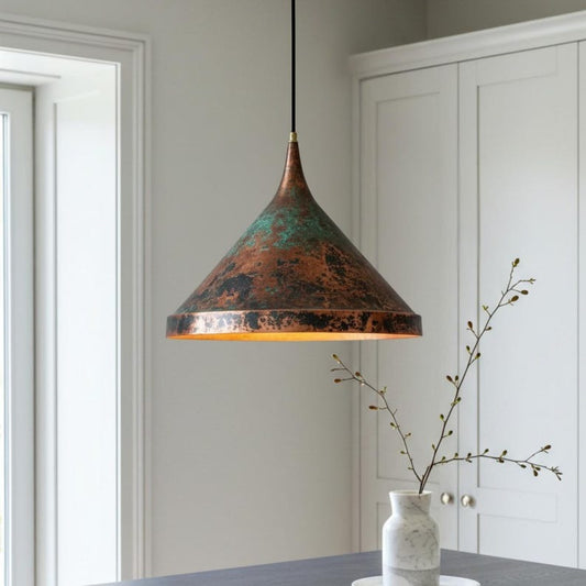 Verdigris Brass Cone Pendant Light – Aged Copper Kitchen Island Chandelier with Rustic Patina Finish