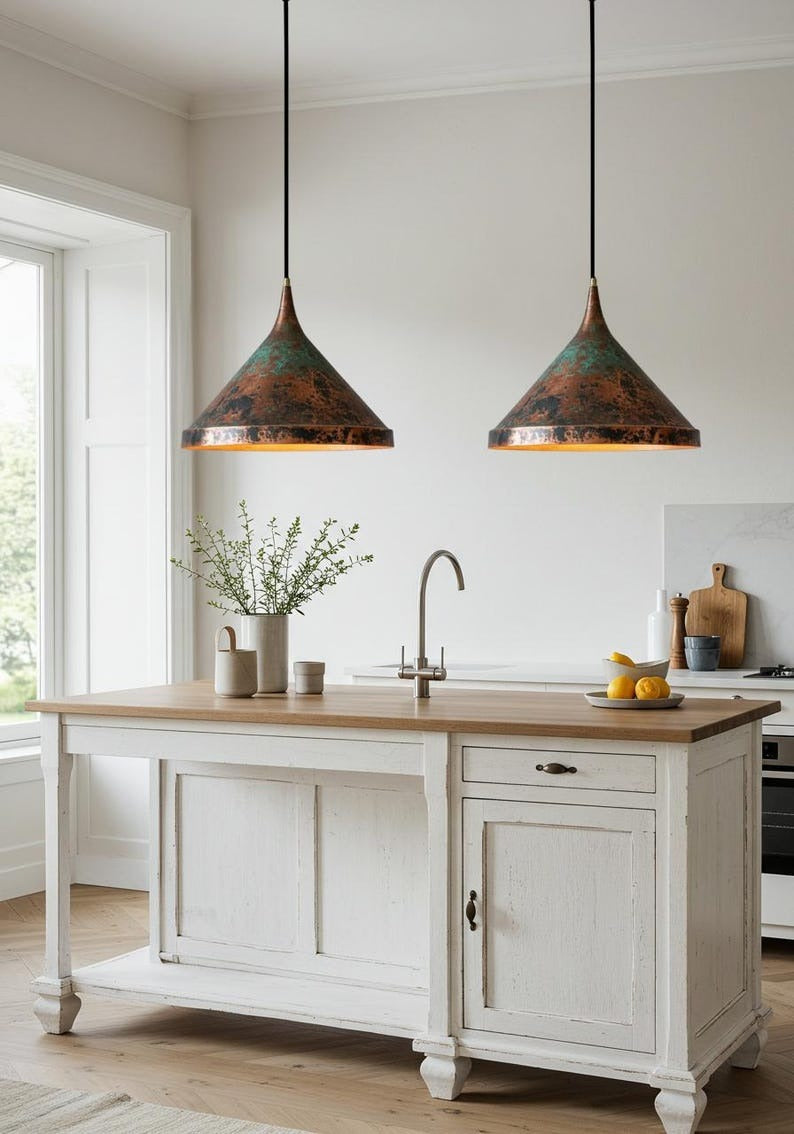 Verdigris Brass Cone Pendant Light – Aged Copper Kitchen Island Chandelier with Rustic Patina Finish