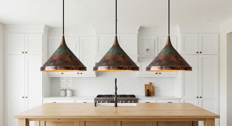 Verdigris Brass Cone Pendant Light – Aged Copper Kitchen Island Chandelier with Rustic Patina Finish