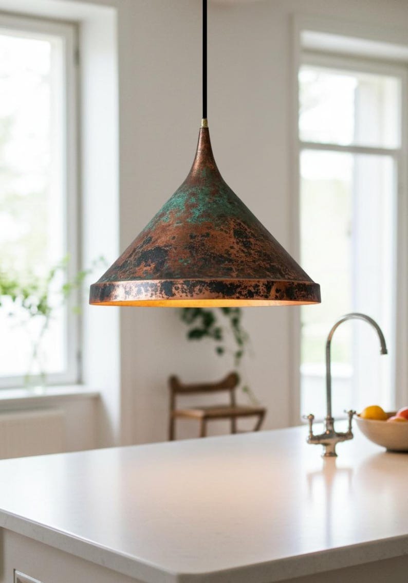 Verdigris Brass Cone Pendant Light – Aged Copper Kitchen Island Chandelier with Rustic Patina Finish
