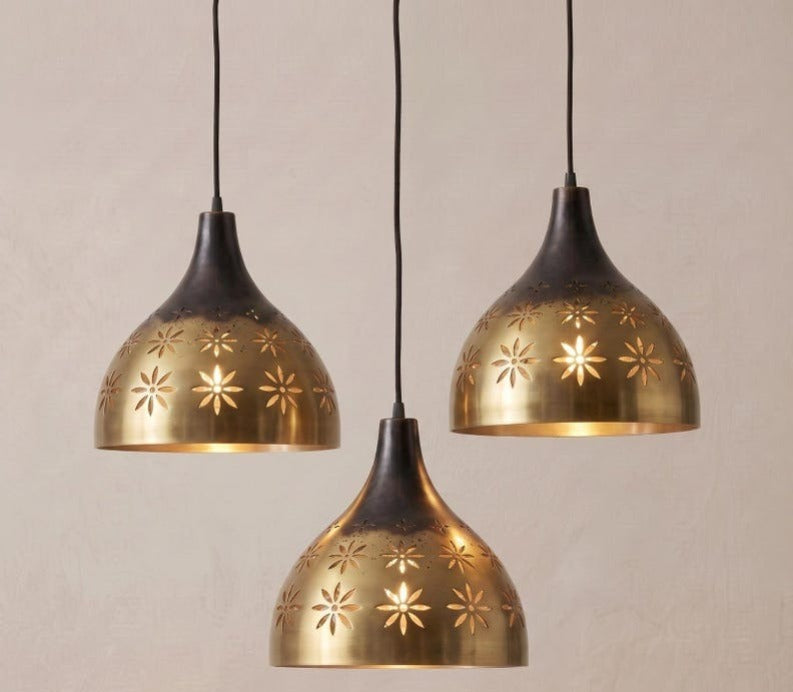 Handmade Moroccan Brass Pendant Light – Two-Tone Antique Black and Gold Dome Hanging Lamp with Floral Cutouts for Kitchen Island, Dining Room, Bedroom & Entryway
