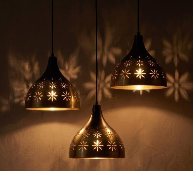 Handmade Moroccan Brass Pendant Light – Two-Tone Antique Black and Gold Dome Hanging Lamp with Floral Cutouts for Kitchen Island, Dining Room, Bedroom & Entryway