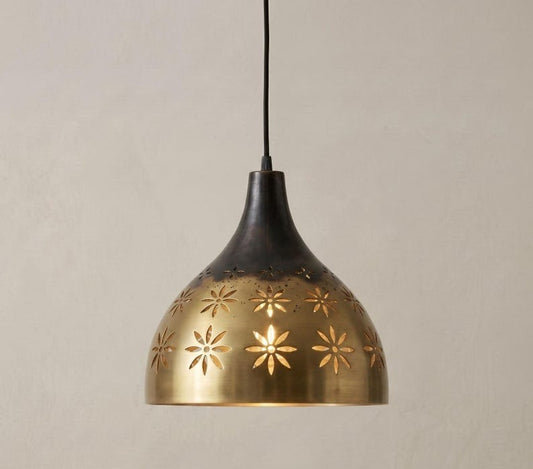 Handmade Moroccan Brass Pendant Light – Two-Tone Antique Black and Gold Dome Hanging Lamp with Floral Cutouts for Kitchen Island, Dining Room, Bedroom & Entryway