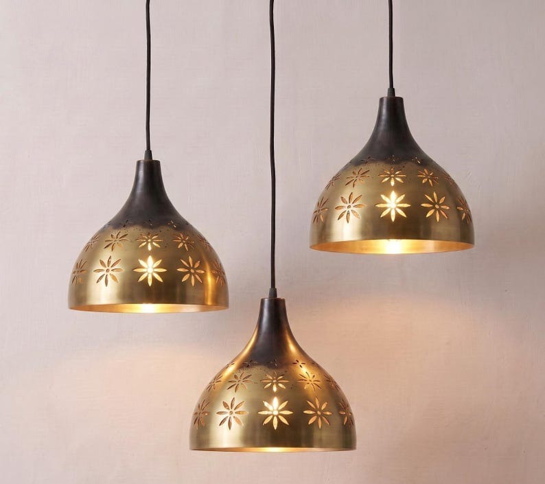 Handmade Moroccan Brass Pendant Light – Two-Tone Antique Black and Gold Dome Hanging Lamp with Floral Cutouts for Kitchen Island, Dining Room, Bedroom & Entryway