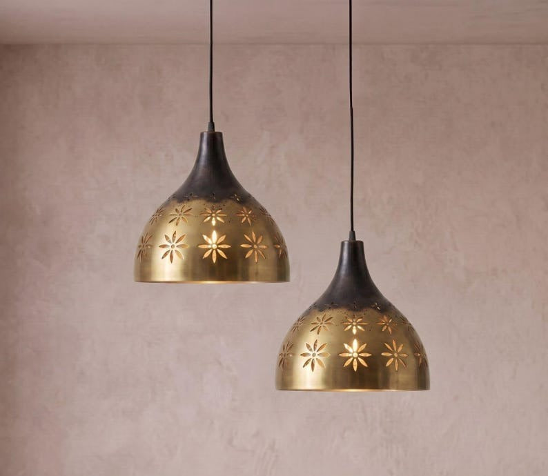Handmade Moroccan Brass Pendant Light – Two-Tone Antique Black and Gold Dome Hanging Lamp with Floral Cutouts for Kitchen Island, Dining Room, Bedroom & Entryway