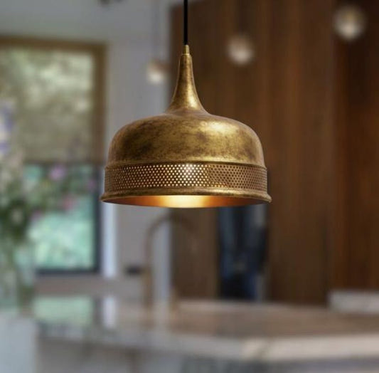 Handmade Antique Brass Pendant Light – Moroccan Dome Hanging Lamp with Pierced Band for Kitchen Island, Dining Room & Boho Home Décor
