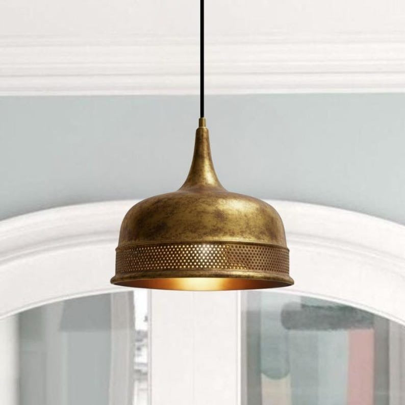 Handmade Antique Brass Pendant Light – Moroccan Dome Hanging Lamp with Pierced Band for Kitchen Island, Dining Room & Boho Home Décor