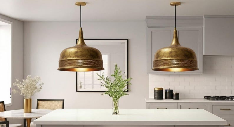 Handmade Antique Brass Pendant Light – Moroccan Dome Hanging Lamp with Pierced Band for Kitchen Island, Dining Room & Boho Home Décor