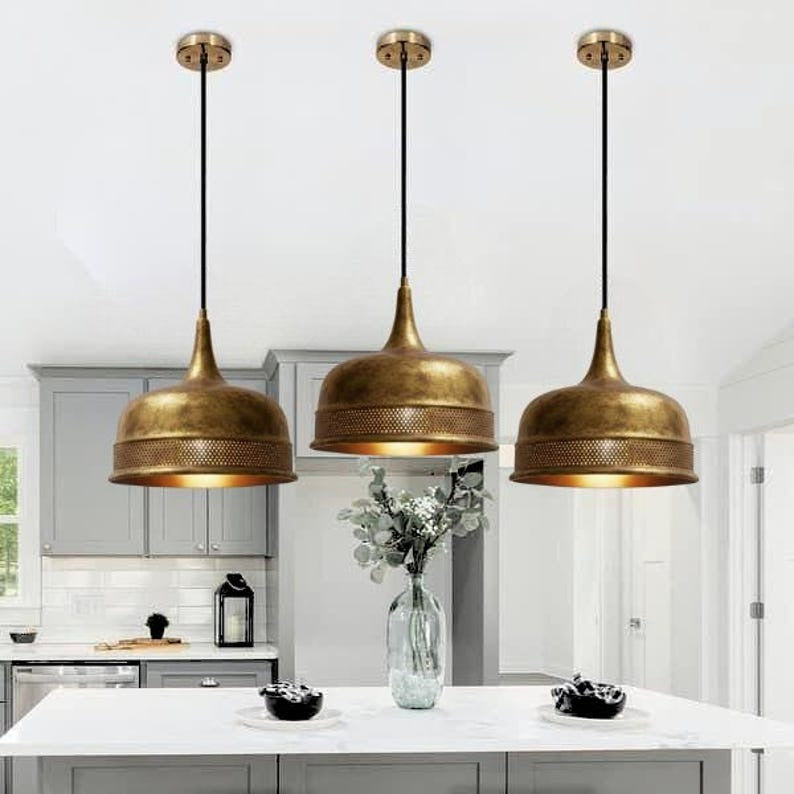 Handmade Antique Brass Pendant Light – Moroccan Dome Hanging Lamp with Pierced Band for Kitchen Island, Dining Room & Boho Home Décor