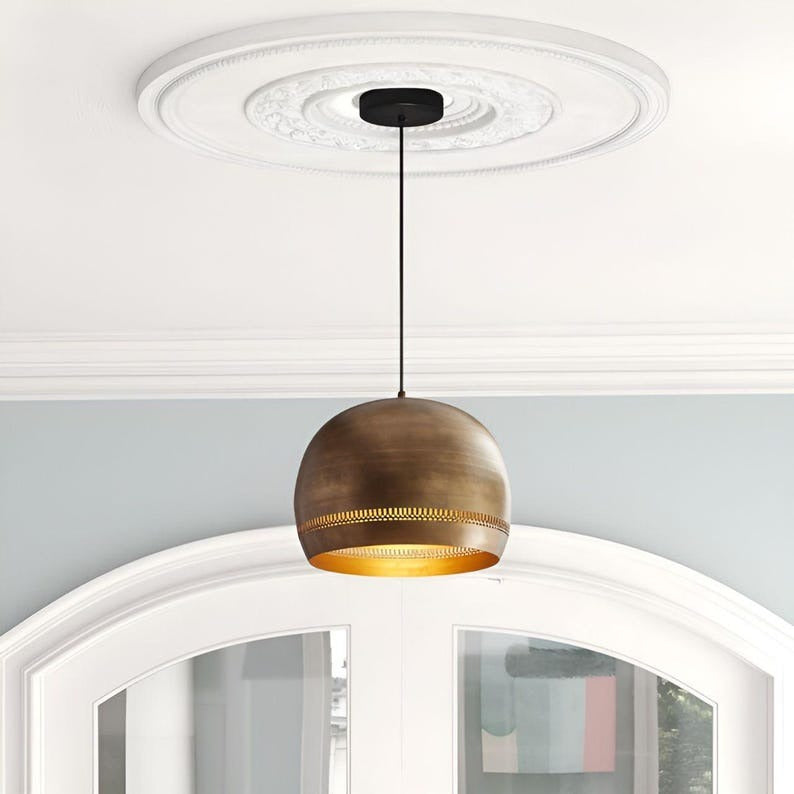 Handmade Brass Dome Pendant Light – Antique Brass Moroccan Ceiling Lamp, Pierced Brass Kitchen Island Pendant, Rustic Dining Room Light Fixture