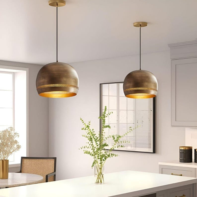 Handmade Brass Dome Pendant Light – Antique Brass Moroccan Ceiling Lamp, Pierced Brass Kitchen Island Pendant, Rustic Dining Room Light Fixture