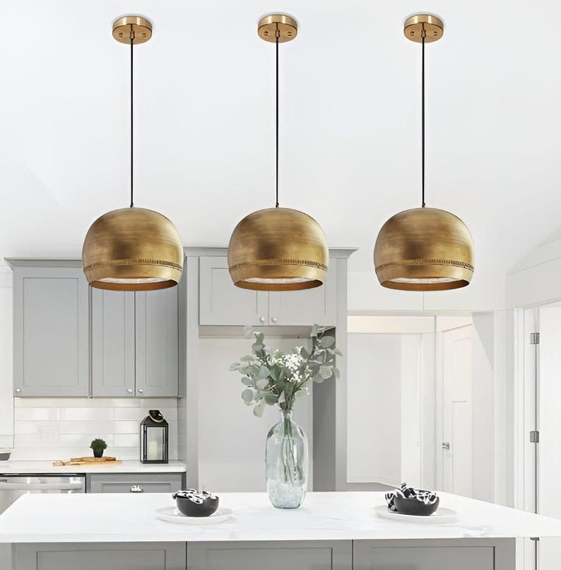 Handmade Brass Dome Pendant Light – Antique Brass Moroccan Ceiling Lamp, Pierced Brass Kitchen Island Pendant, Rustic Dining Room Light Fixture