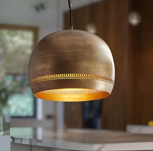 Handmade Brass Dome Pendant Light – Antique Brass Moroccan Ceiling Lamp, Pierced Brass Kitchen Island Pendant, Rustic Dining Room Light Fixture