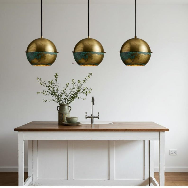 Aged Copper Brass Cone Pendant Light – Hand-Stitched Rustic Kitchen Island Chandelier with Patina Finish