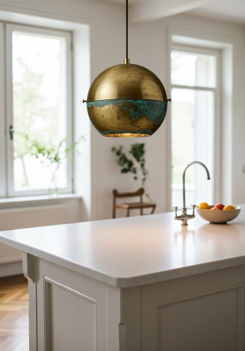 Aged Copper Brass Cone Pendant Light – Hand-Stitched Rustic Kitchen Island Chandelier with Patina Finish