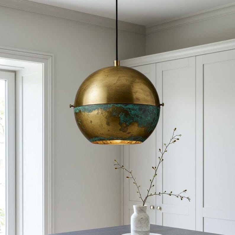 Aged Copper Brass Cone Pendant Light – Hand-Stitched Rustic Kitchen Island Chandelier with Patina Finish