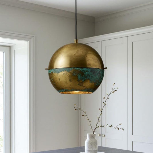 Aged Copper Brass Cone Pendant Light – Hand-Stitched Rustic Kitchen Island Chandelier with Patina Finish