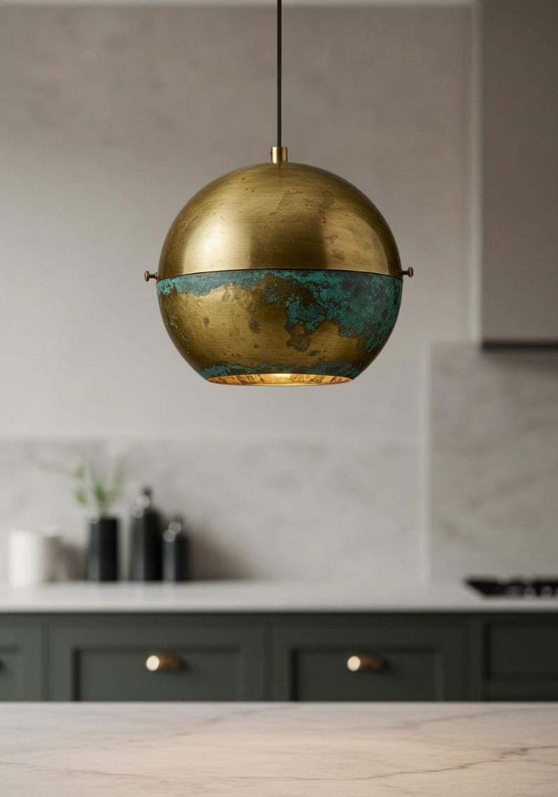 Aged Copper Brass Cone Pendant Light – Hand-Stitched Rustic Kitchen Island Chandelier with Patina Finish