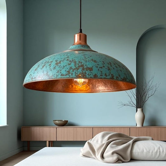 Moroccan Brass Turquoise Patina Dome Pendant Light, Handmade Copper Accent Brass Hanging Lamp, Boho Rustic Kitchen Island Chandelier, Antique Brass Dining Room Ceiling Light Fixture