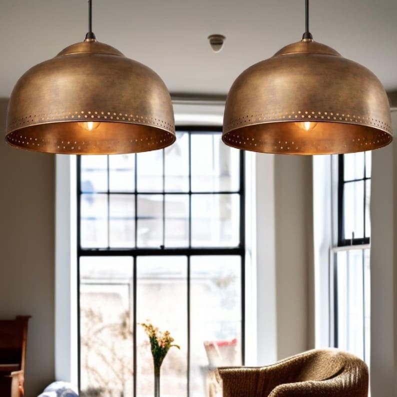 Set of 3 Handmade Moroccan Brass Pendant Lights – Antique Brass Dome Ceiling Lamps with Pierced Dot Detail, Kitchen Island & Dining Room Lighting