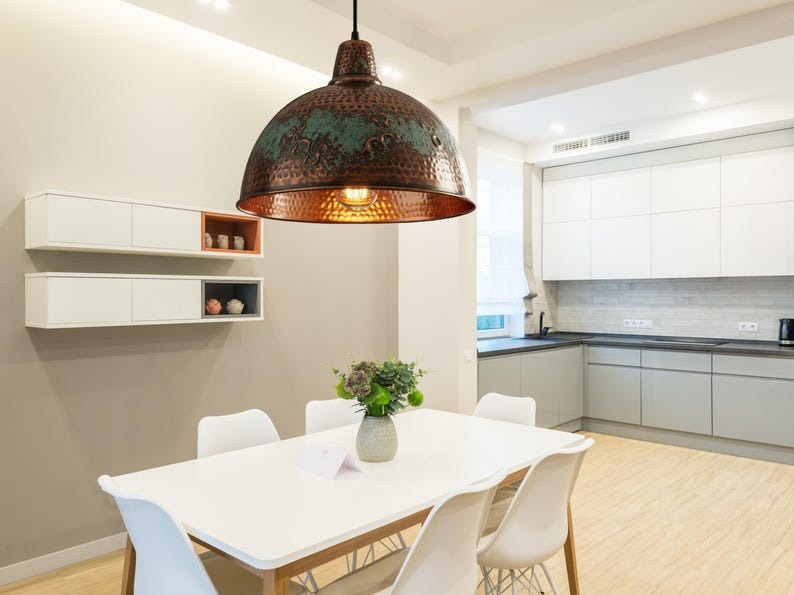 Handmade Moroccan Brass Dome Pendant Light – Hammered Antique Copper and Green Verdigris Hanging Lamp with Decorative Embossed Details and Warm Brass Interior for Dining Room & Kitchen Island