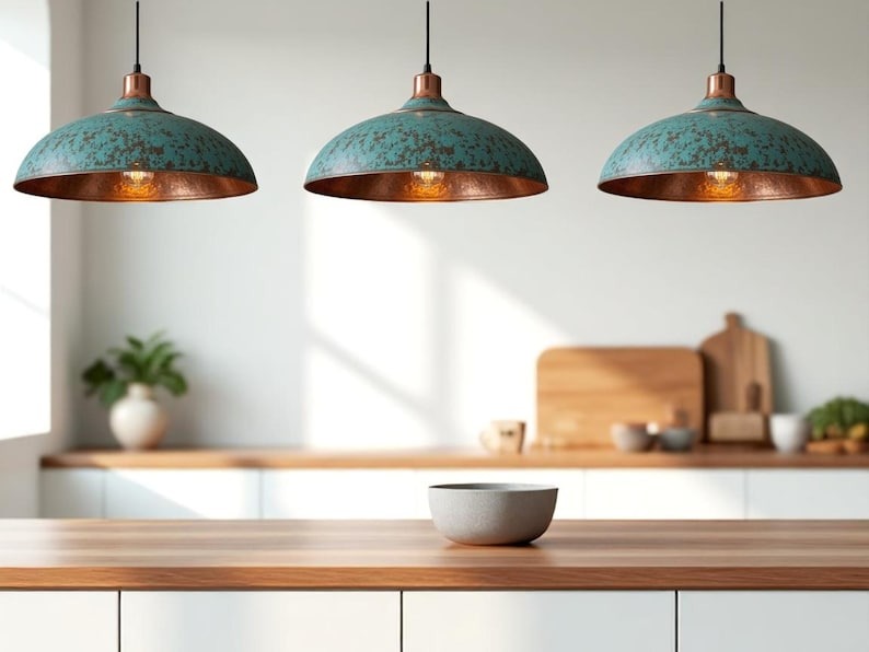 Moroccan Brass Turquoise Patina Dome Pendant Light, Handmade Copper Accent Brass Hanging Lamp, Boho Rustic Kitchen Island Chandelier, Antique Brass Dining Room Ceiling Light Fixture