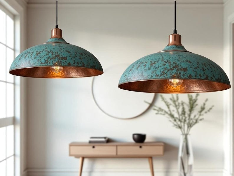 Moroccan Brass Turquoise Patina Dome Pendant Light, Handmade Copper Accent Brass Hanging Lamp, Boho Rustic Kitchen Island Chandelier, Antique Brass Dining Room Ceiling Light Fixture