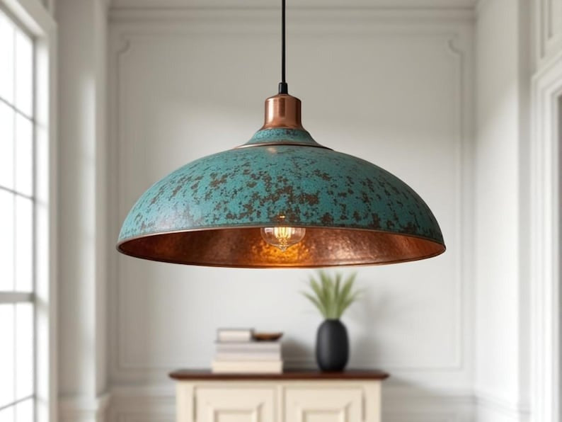 Moroccan Brass Turquoise Patina Dome Pendant Light, Handmade Copper Accent Brass Hanging Lamp, Boho Rustic Kitchen Island Chandelier, Antique Brass Dining Room Ceiling Light Fixture