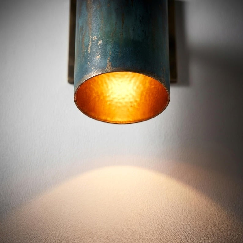 Handmade Moroccan Brass Cylinder Wall Sconce – Blue Green Verdigris Patina Wall Light with Antique Brass Backplate and Warm Gold Interior for Bedroom, Hallway, Entryway & Living Room