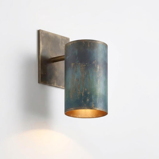 Handmade Moroccan Brass Cylinder Wall Sconce – Blue Green Verdigris Patina Wall Light with Antique Brass Backplate and Warm Gold Interior for Bedroom, Hallway, Entryway & Living Room