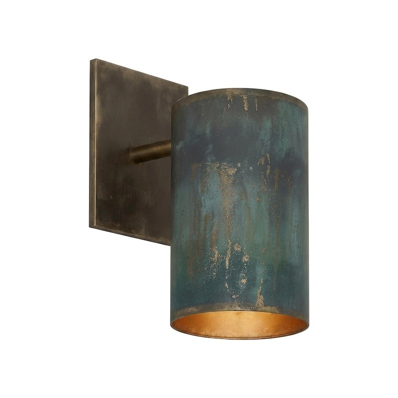 Handmade Moroccan Brass Cylinder Wall Sconce – Blue Green Verdigris Patina Wall Light with Antique Brass Backplate and Warm Gold Interior for Bedroom, Hallway, Entryway & Living Room