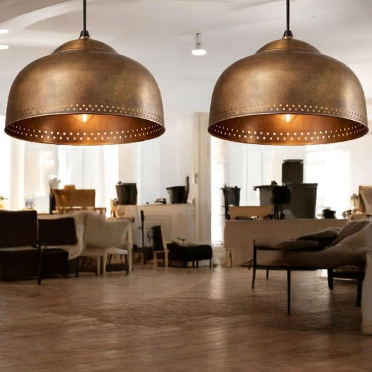 Set of 2 Handmade Moroccan Brass Pendant Lights – Antique Brass Dome Ceiling Lamps with Pierced Dot Detail, Kitchen Island & Dining Room Lighting