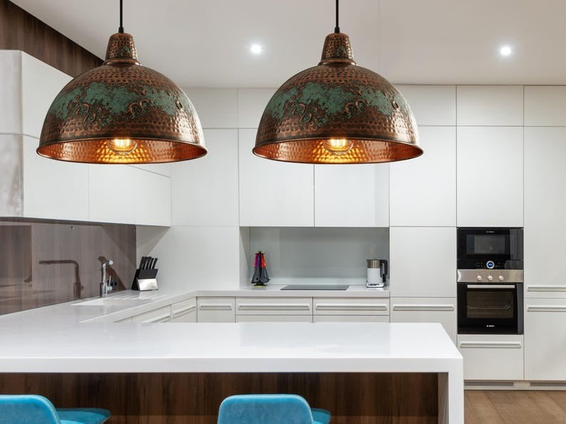 Handmade Moroccan Brass Dome Pendant Light – Hammered Antique Copper and Green Verdigris Hanging Lamp with Decorative Embossed Details and Warm Brass Interior for Dining Room & Kitchen Island