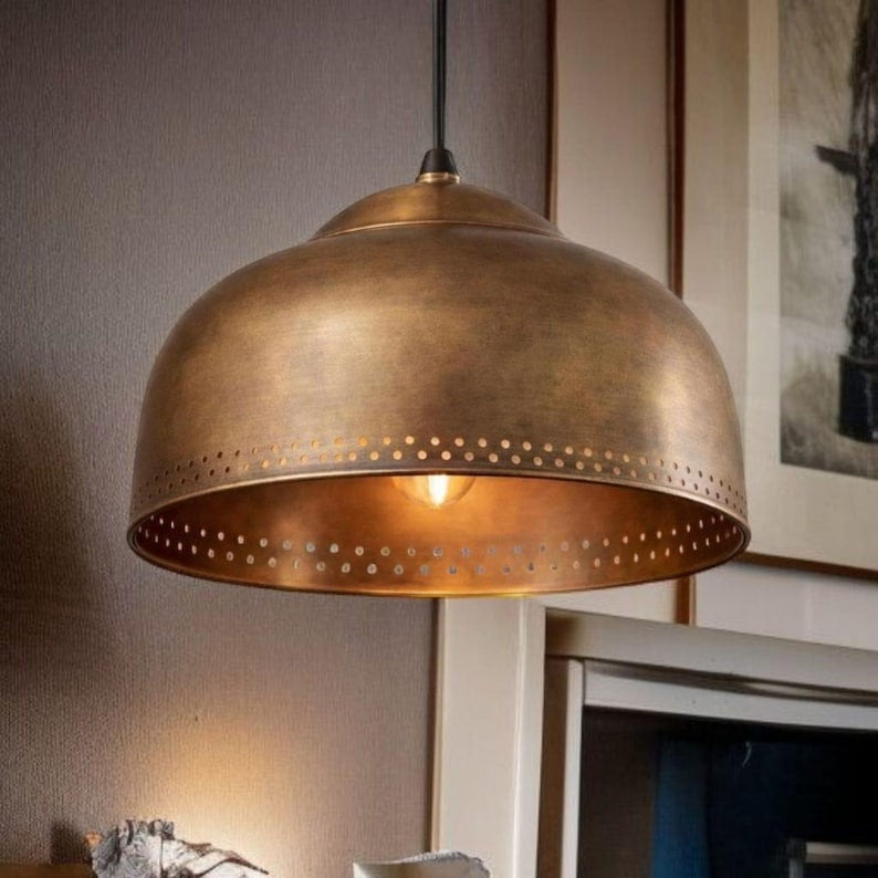 Handmade Moroccan Brass Pendant Light – Antique Brass Dome Ceiling Lamp with Pierced Dot Detail, Kitchen Island & Dining Room Lighting