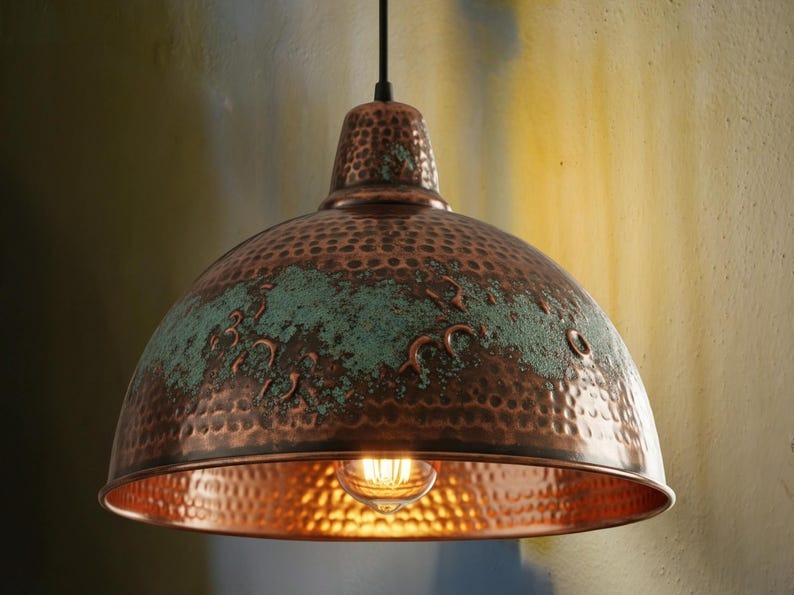 Handmade Moroccan Brass Dome Pendant Light – Hammered Antique Copper and Green Verdigris Hanging Lamp with Decorative Embossed Details and Warm Brass Interior for Dining Room & Kitchen Island