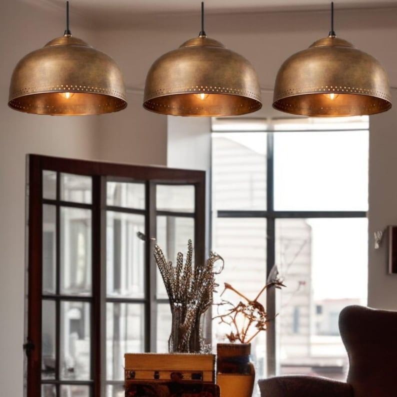 Handmade Moroccan Brass Pendant Light – Antique Brass Dome Ceiling Lamp with Pierced Dot Detail, Kitchen Island & Dining Room Lighting
