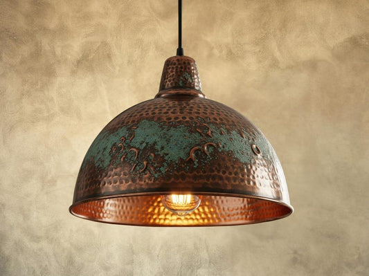 Handmade Moroccan Brass Dome Pendant Light – Hammered Antique Copper and Green Verdigris Hanging Lamp with Decorative Embossed Details and Warm Brass Interior for Dining Room & Kitchen Island