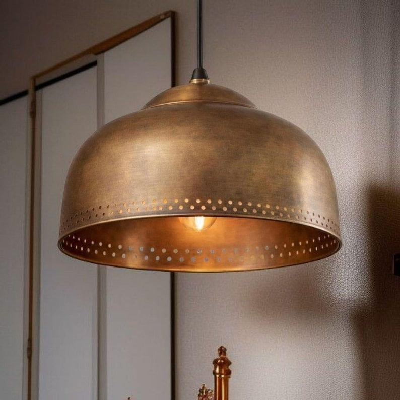 Handmade Moroccan Brass Pendant Light – Antique Brass Dome Ceiling Lamp with Pierced Dot Detail, Kitchen Island & Dining Room Lighting