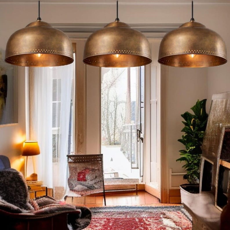 Handmade Moroccan Brass Pendant Light – Antique Brass Dome Ceiling Lamp with Pierced Dot Detail, Kitchen Island & Dining Room Lighting