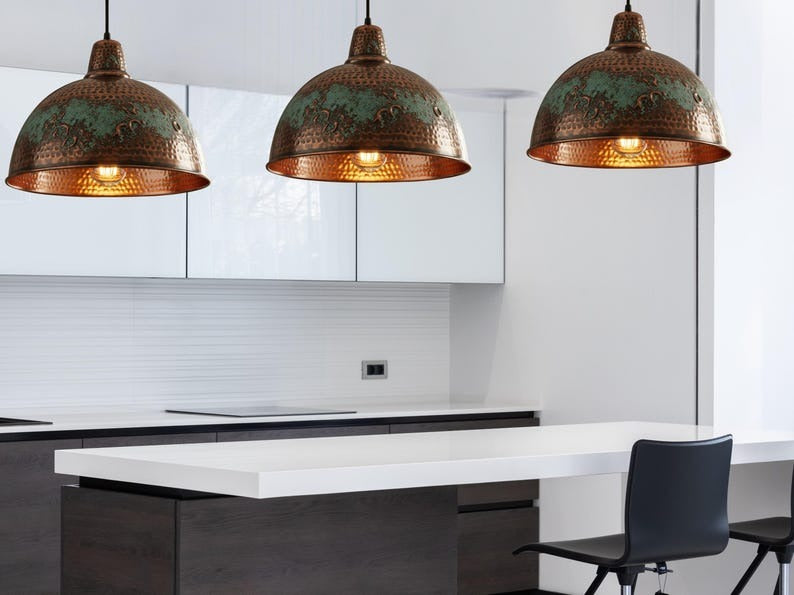 Handmade Moroccan Brass Dome Pendant Light – Hammered Antique Copper and Green Verdigris Hanging Lamp with Decorative Embossed Details and Warm Brass Interior for Dining Room & Kitchen Island