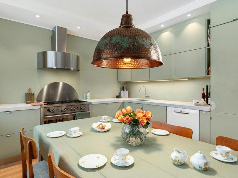 Handmade Moroccan Brass Dome Pendant Light – Hammered Antique Copper and Green Verdigris Hanging Lamp with Decorative Embossed Details and Warm Brass Interior for Dining Room & Kitchen Island