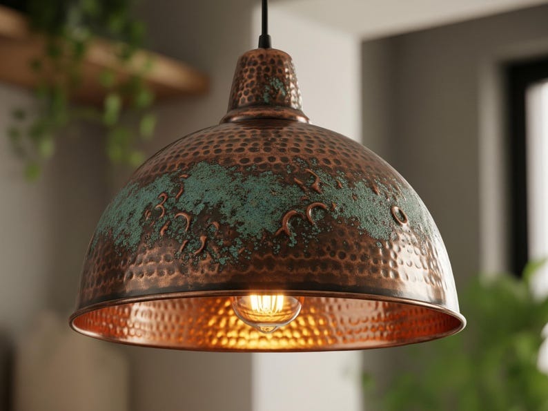 Handmade Moroccan Brass Dome Pendant Light – Hammered Antique Copper and Green Verdigris Hanging Lamp with Decorative Embossed Details and Warm Brass Interior for Dining Room & Kitchen Island